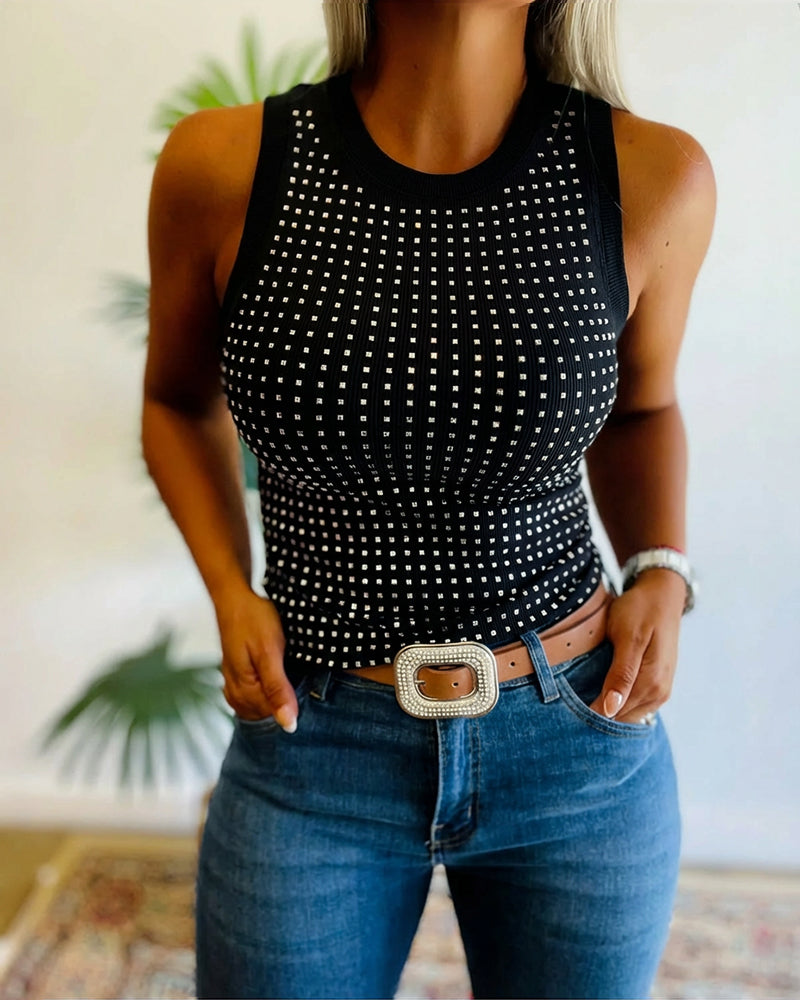 Rhinestone Decor O-neck Sleeveless Tee Slim Fit Ribbed Tank Top（BUY 2 FREE SHIPPING)
