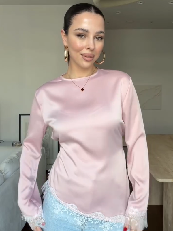 2026 New Round Neck Solid Color Long Sleeve Irregular Lace Hem Fitted Waist Top