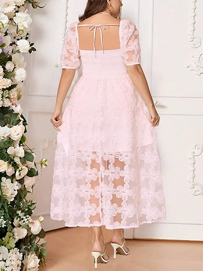 Women's Floral Embroidered Sweetheart Neck Midi Dress