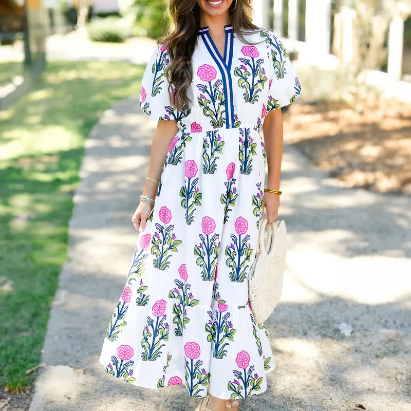 Womens Dresses Floral Puff Short Sleeve V Neck High Waist Maxi Dress with Pockets（Buy 2 Free Shipping）