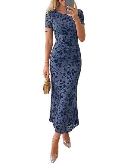 Women's Floral Mesh Short Sleeve Maxi Dress