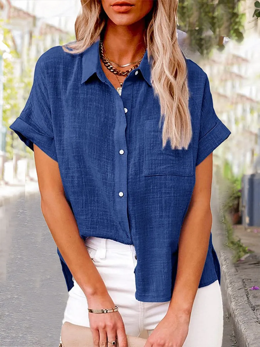 🔥🔥🔥🔥Women's Solid Color Pocket Short Sleeve Cotton Linen Shirt