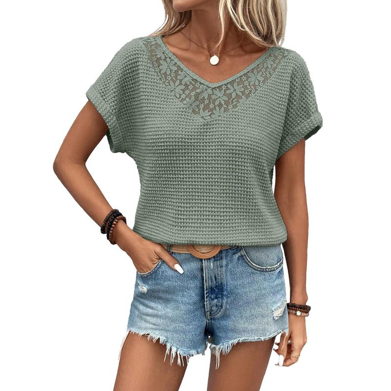 Women's Casual 2026 Waffle Knit Hollow Out Lace Tops Short Sleeve V Neck Loose Fit Shirts Blouses