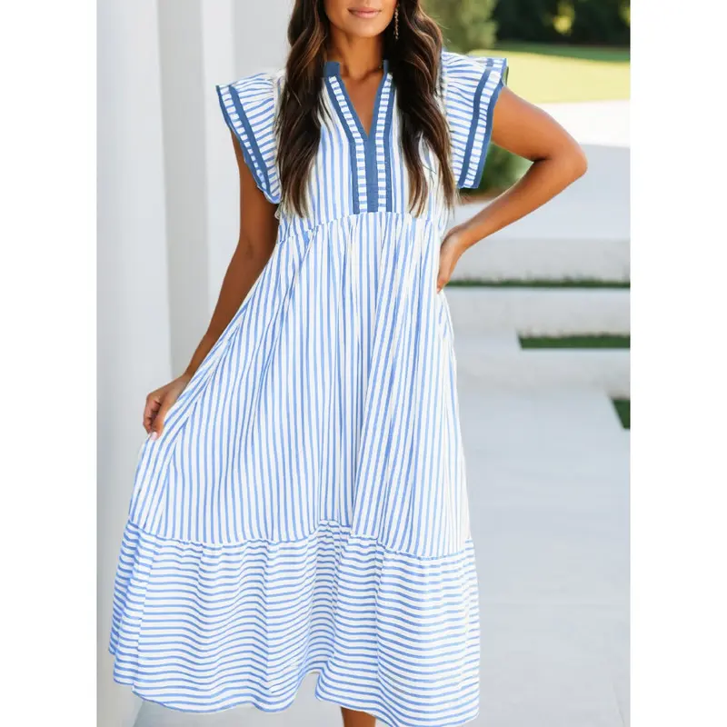 Womens Dresses 2026 Summer V-Neck Ruffle Cap Sleeve Empire Waist Flowy Striped Beach Midi Maxi Dress(buy 2 free shipping)