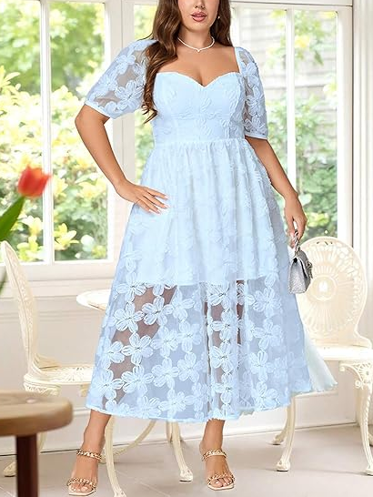 Women's Floral Embroidered Sweetheart Neck Midi Dress