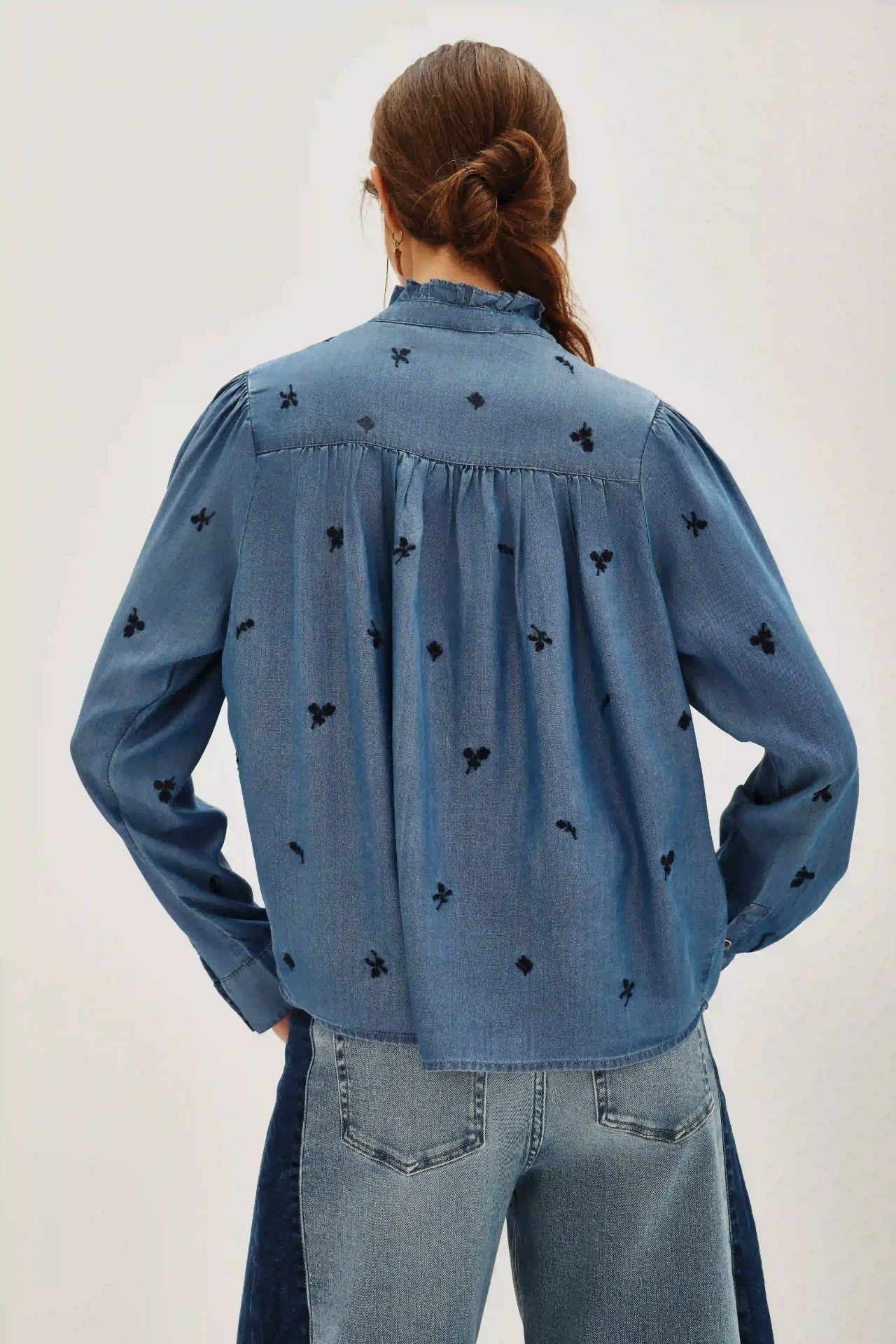 Women's long-sleeved round neck denim ruffle shirt（buy 2 free shipping)