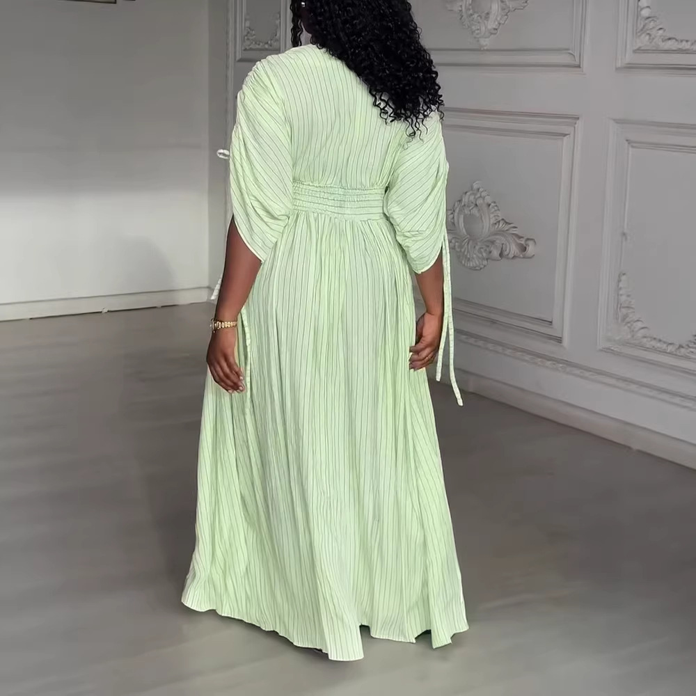 Women's Striped V-Neck Smocked Waist Maxi Dress