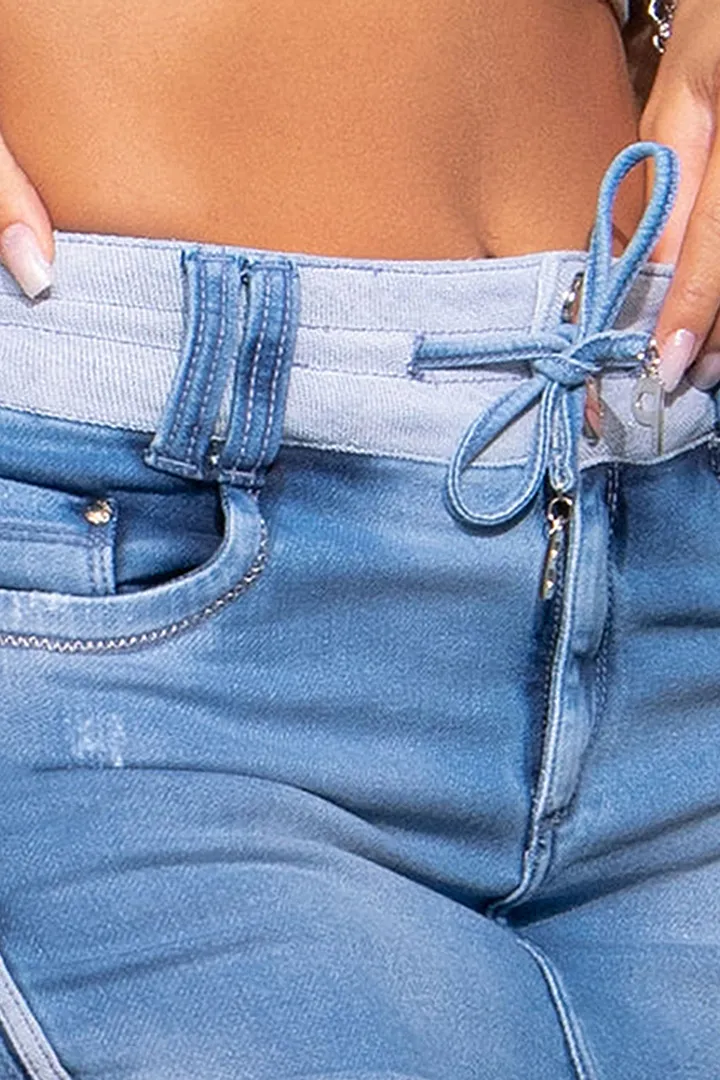 Midiross Drawstring Contrast Binding Ripped High Waist Denim Skort