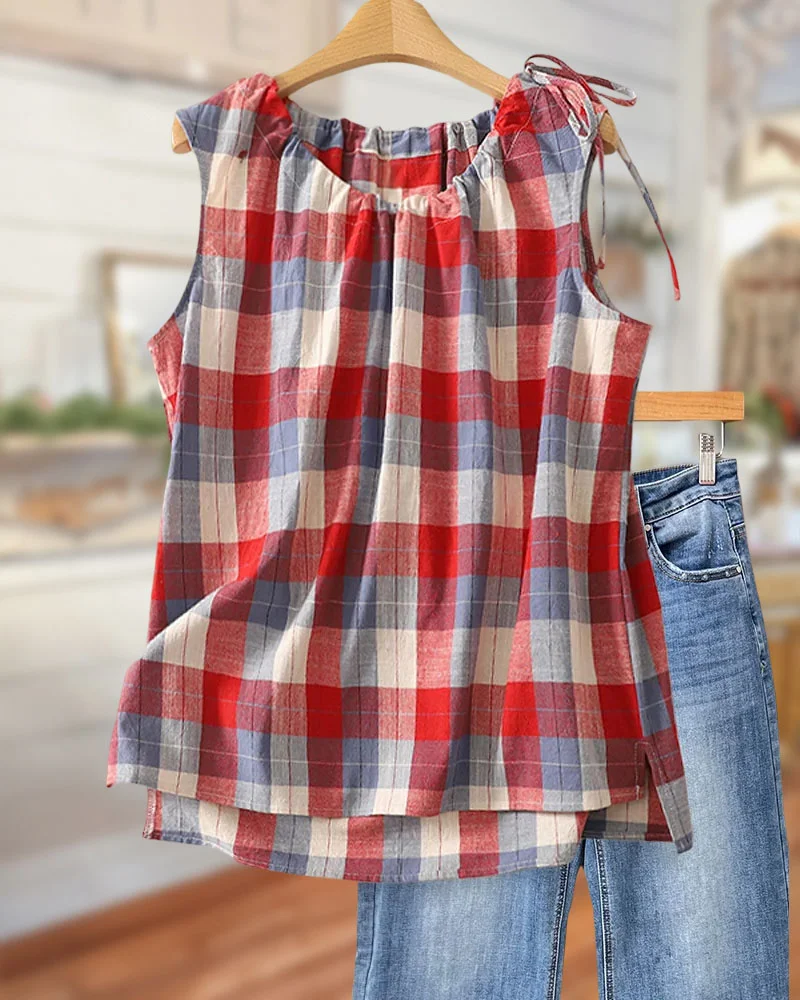 Plaid Cozy Round Neck Drawstring Sleeveless Shirt