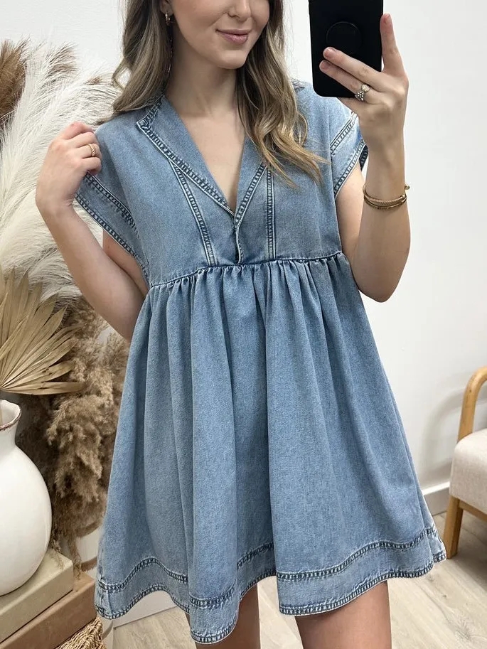 💝💝V NECK LAPEL CAP SLEEVE HIGH WAIST DENIM BABY DOLL DRESS(BUY 2 FREE SHIPPING)