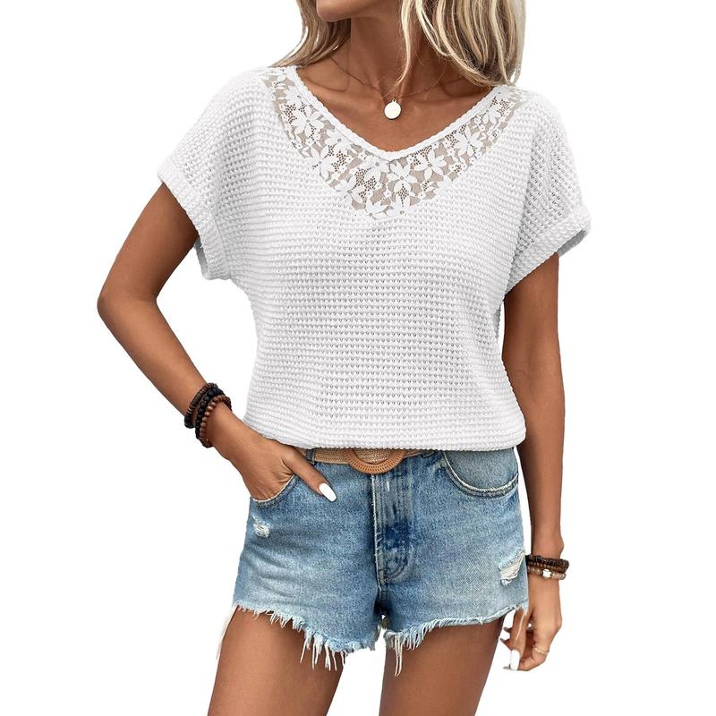Women's Casual 2026 Waffle Knit Hollow Out Lace Tops Short Sleeve V Neck Loose Fit Shirts Blouses