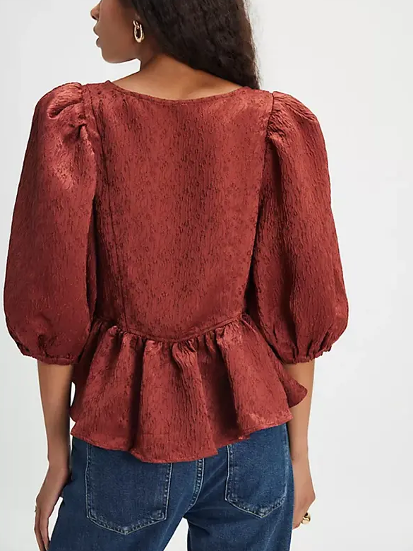 Women's Contrast Bow Puff Sleeve Peplum Blouse