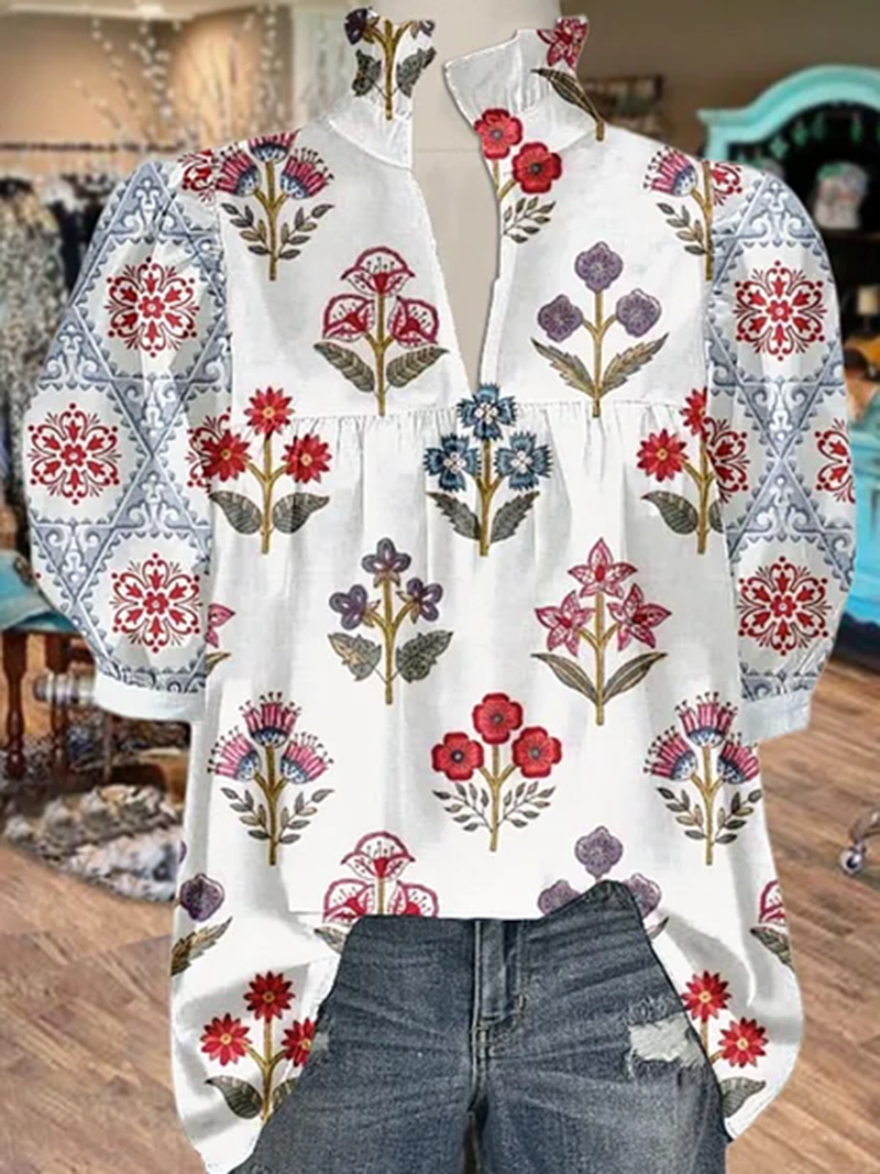 Floral Print V-Neck Geo Puff Sleeve Top(BUY 2 FREE SHIPPING)