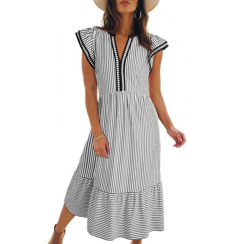 Womens Dresses 2026 Summer V-Neck Ruffle Cap Sleeve Empire Waist Flowy Striped Beach Midi Maxi Dress(buy 2 free shipping)
