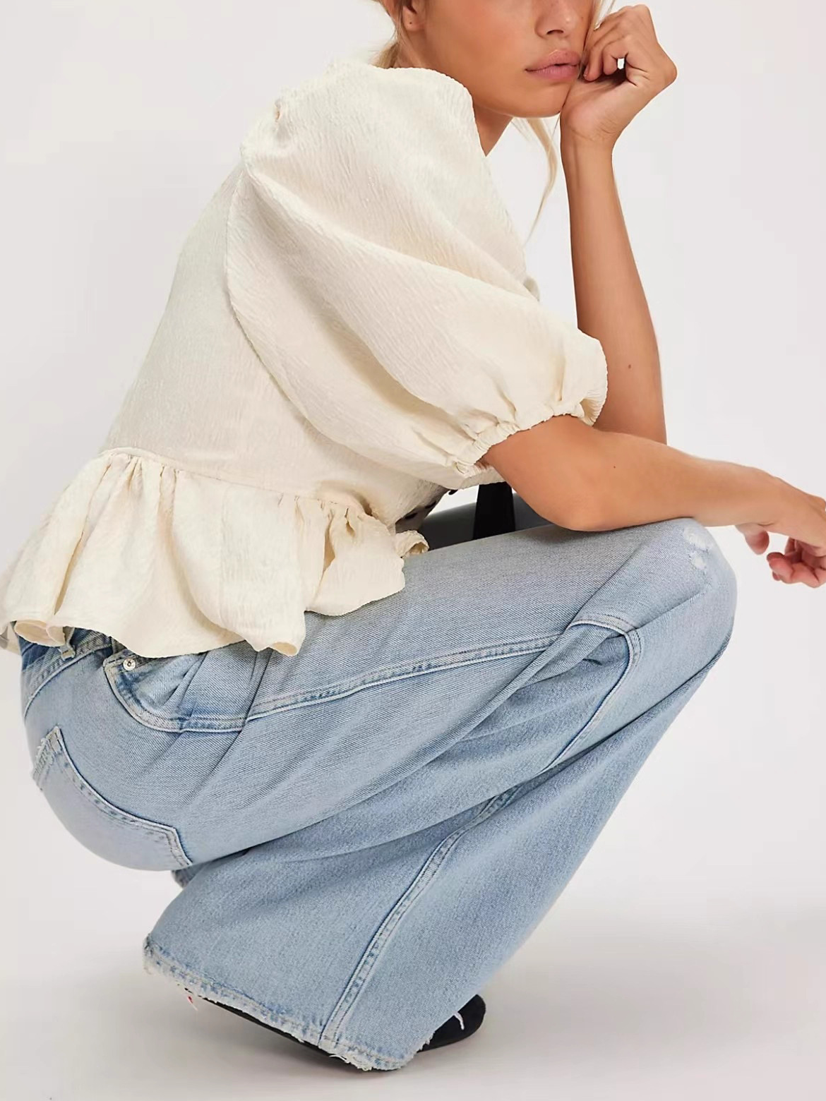 Women's Contrast Bow Puff Sleeve Peplum Blouse