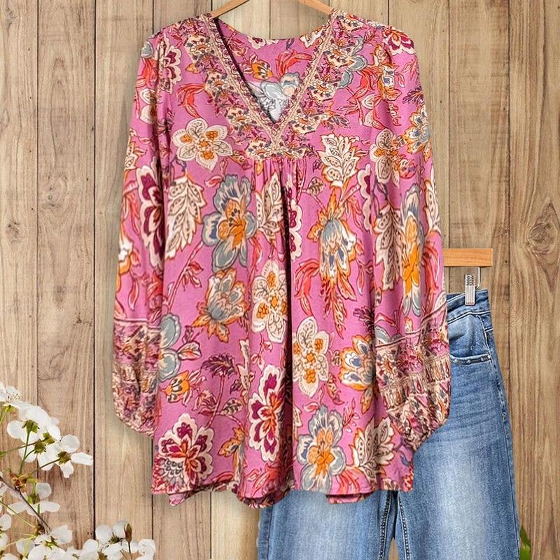 Women's floral print V-neck long puff-sleeved shirt（buy 2 free shipping）