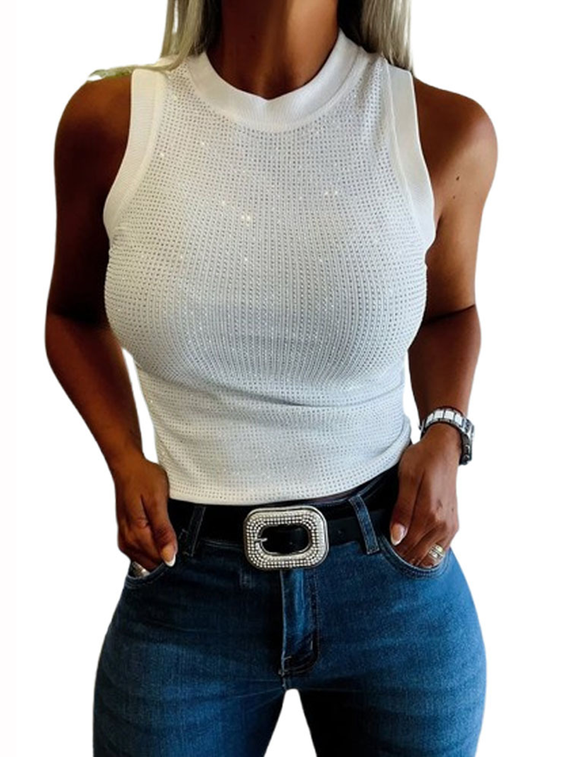 Round neck solid color rhinestone vest(BUY 2 FREE SHIPPING)
