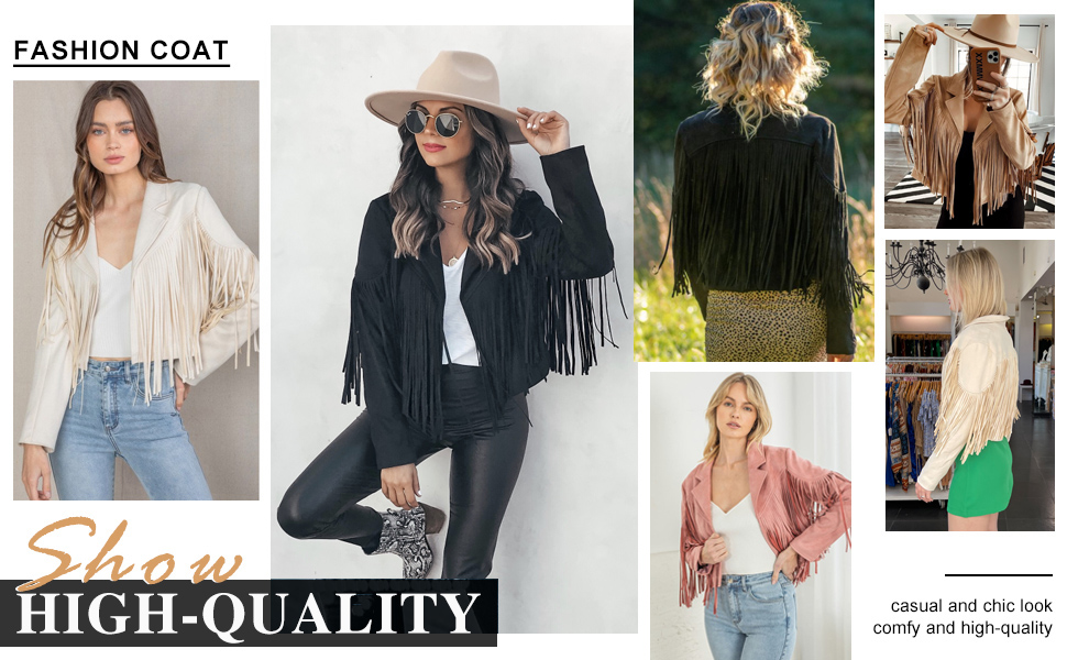 LAFOURAM Womens Cropped Fringe Faux Suede Leather Motorcycle Jackets