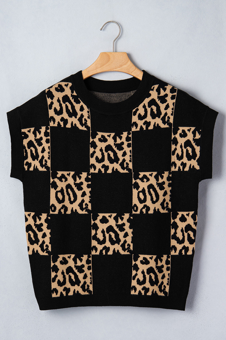 Women's Leopard Print Checkerboard Short-Sleeve Knit Top