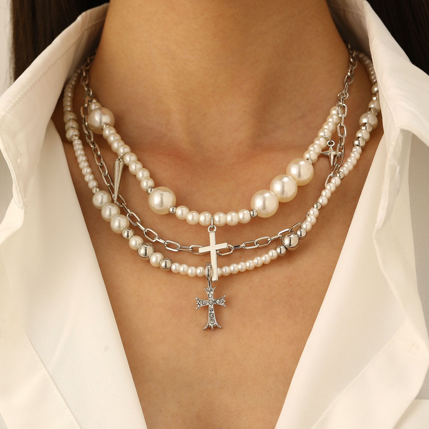 Chic Beaded Cross Pandent Layered Chain Necklace