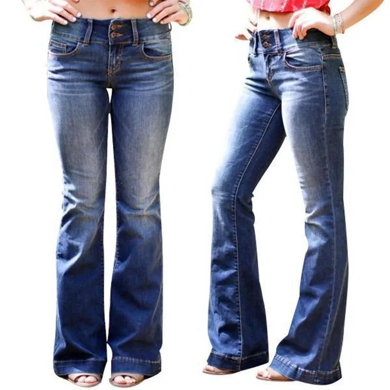 MID WAIST CASUAL BUTTON BELL-BOTTOM JEANS