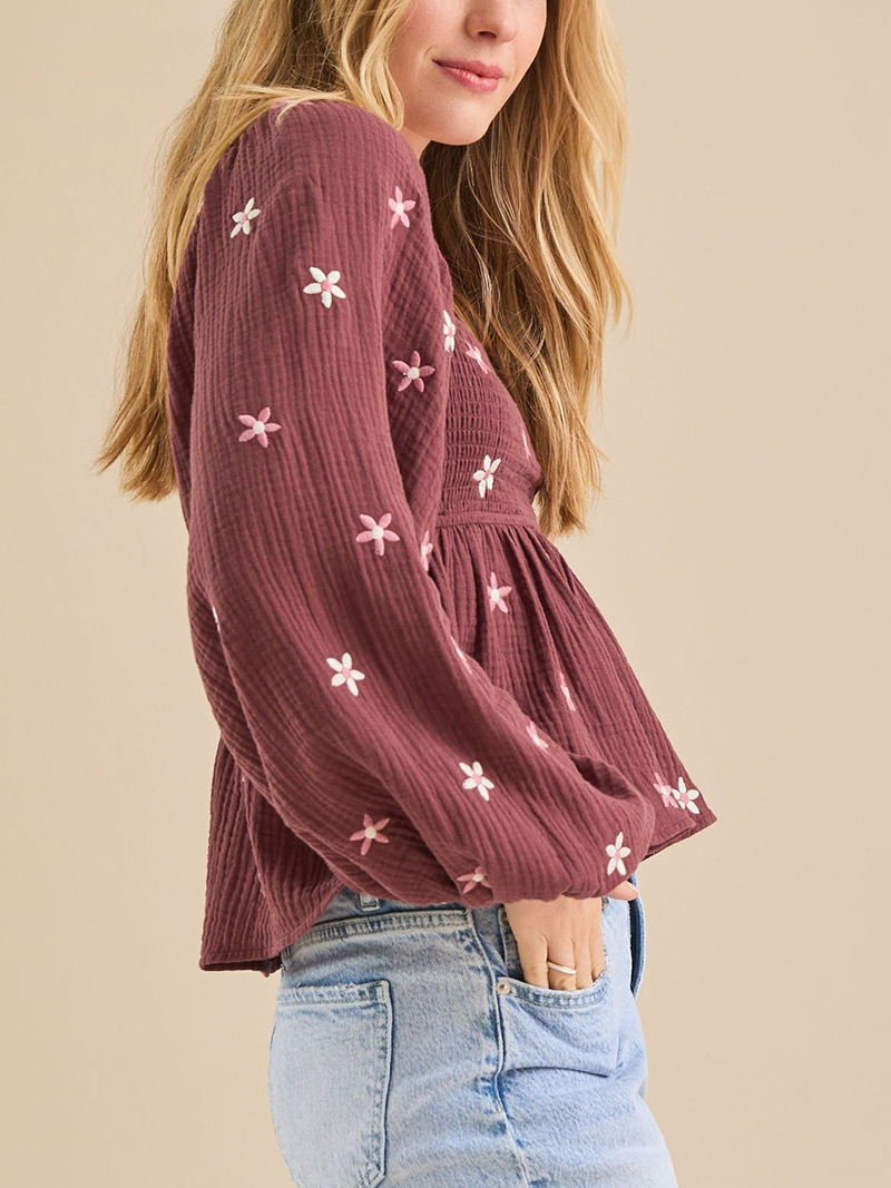 Lantern sleeve embroidered loose top(BUY 2 FREE SHIPPING)