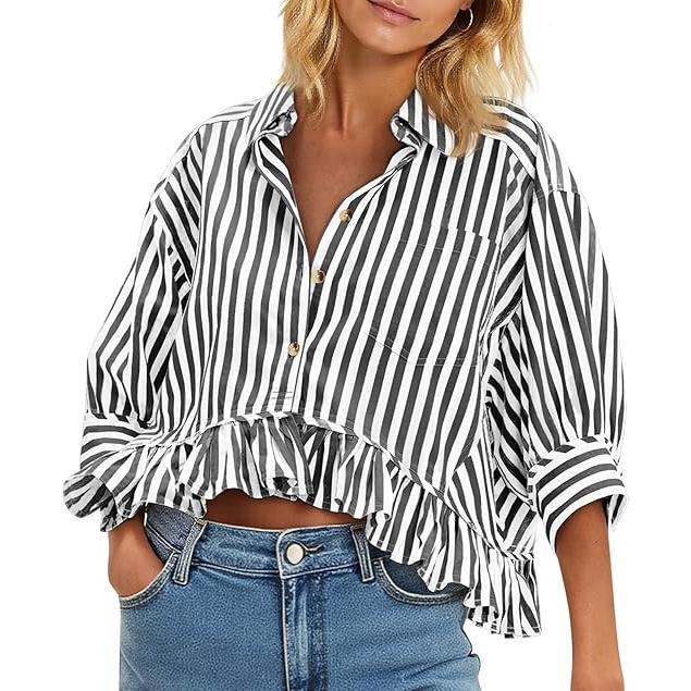 Women’s Cropped Striped Button Down Shirts Ruffle 3/4 Length Sleeve Summer Tops Dressy Casual Blouses(BUY 2 FREE SHIPPING)