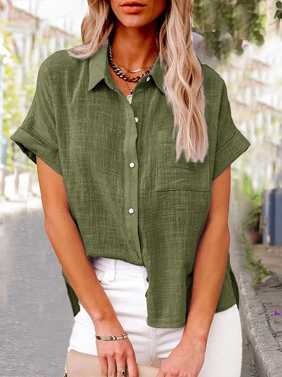 🔥🔥🔥🔥Women's Solid Color Pocket Short Sleeve Cotton Linen Shirt