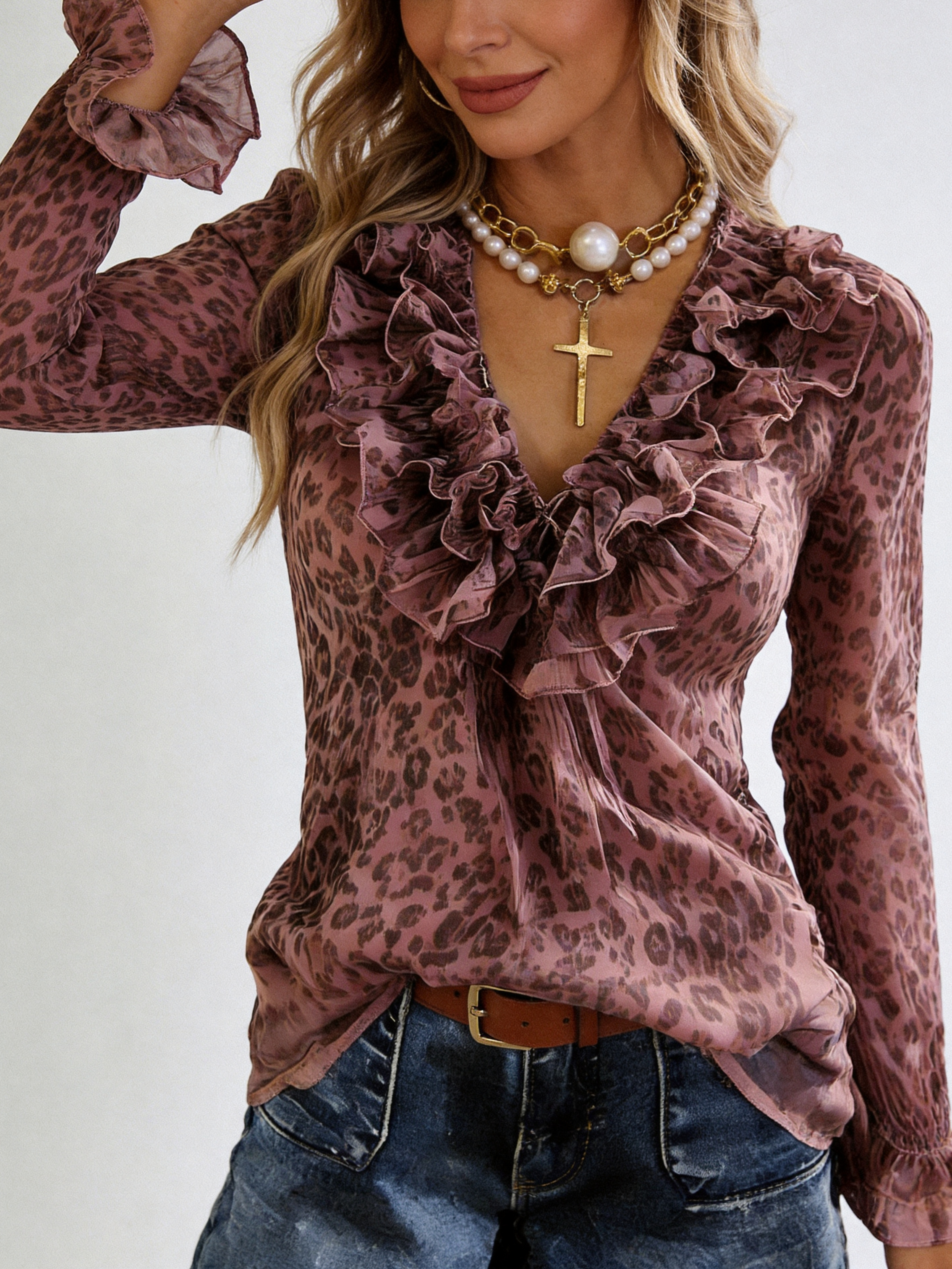 Leopard Print Ruffle Neck Long Sleeve Blouse
