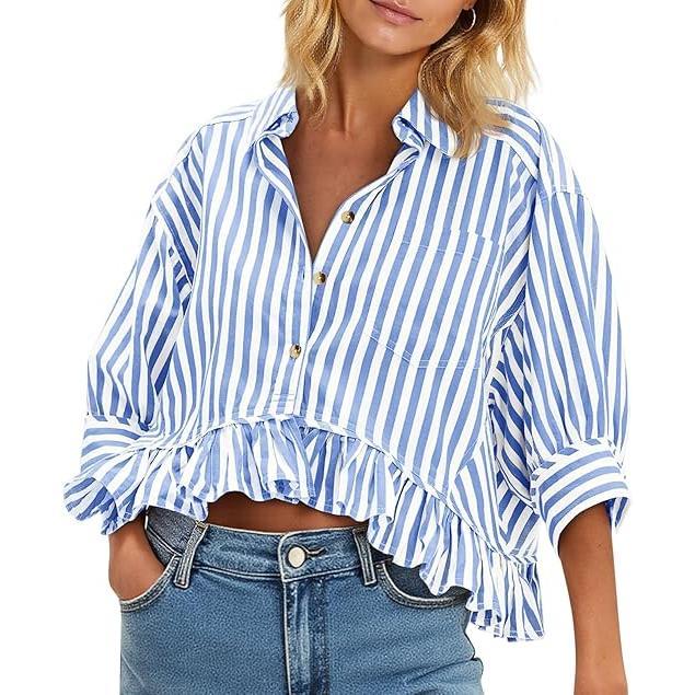 Women’s Cropped Striped Button Down Shirts Ruffle 3/4 Length Sleeve Summer Tops Dressy Casual Blouses(BUY 2 FREE SHIPPING)
