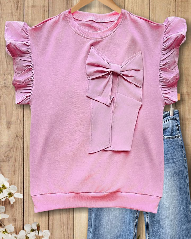 Solid Color Bow Decor Playful Ruffle Sleeve T-Shirt(BUY 2 FREE SHIPPING)