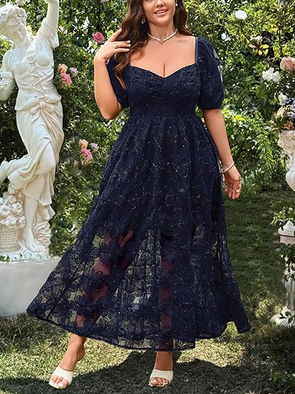 Women's Floral Embroidered Sweetheart Neck Midi Dress