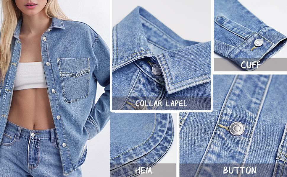 Collar lapel, Cuff, Hem, Button.