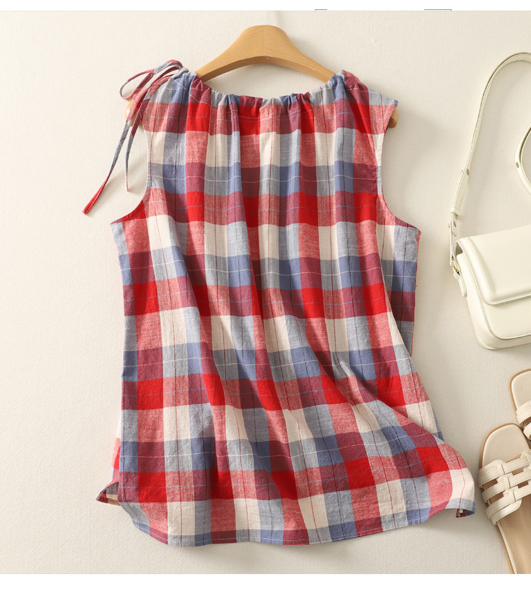 Plaid Cozy Round Neck Drawstring Sleeveless Shirt