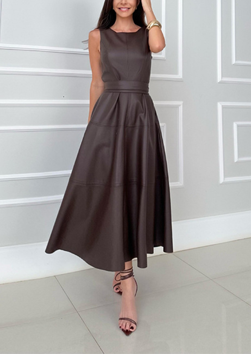 Sleeveless Fitted Leather Belted Solid Color Midi Dress(BUY 2 FREE SHIPPING)