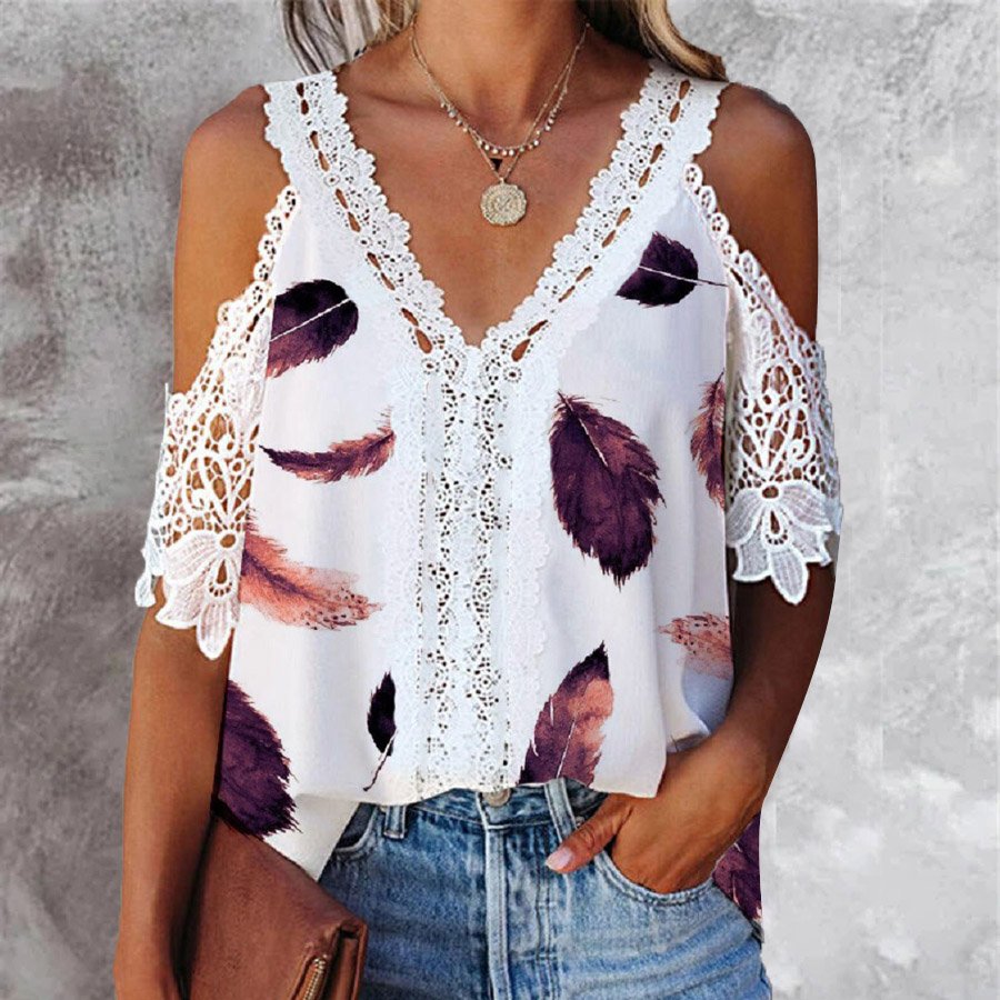 Women's Feather Printed Tops Blouse