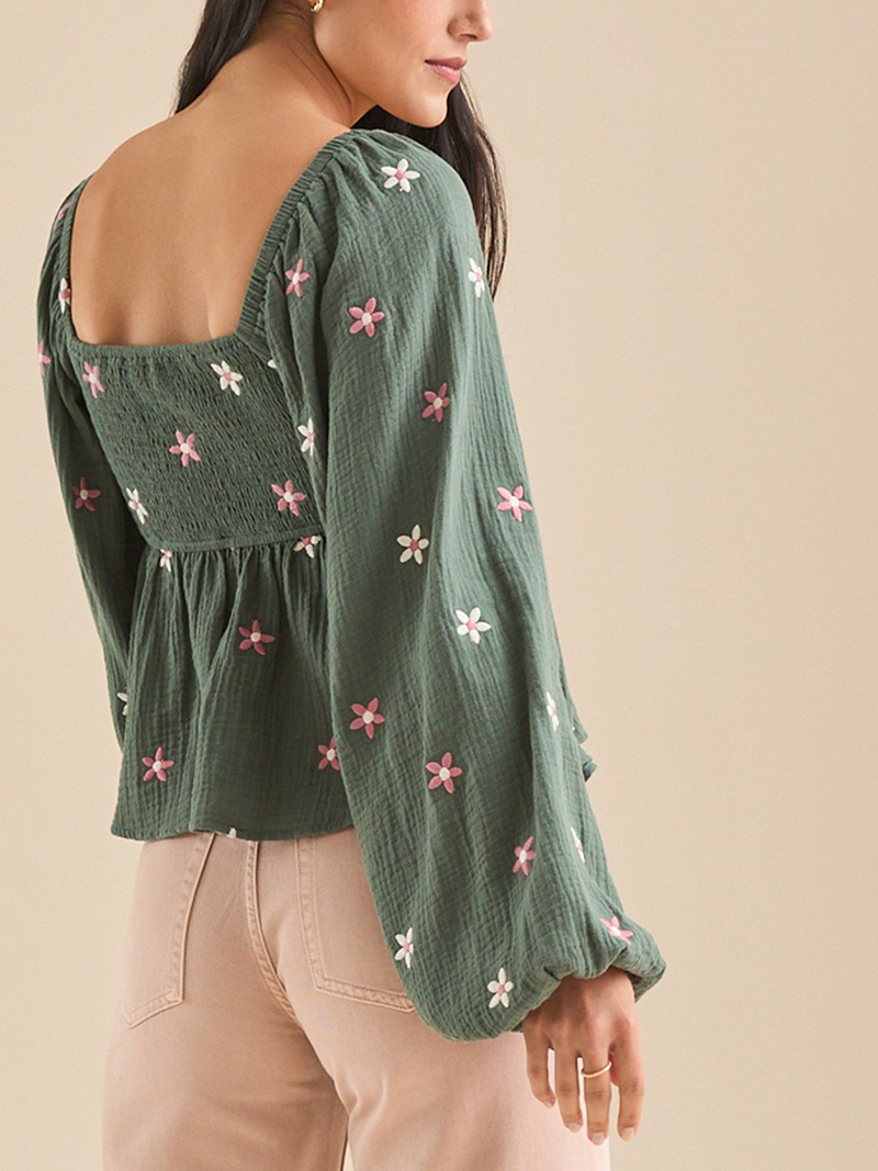 Lantern sleeve embroidered loose top(BUY 2 FREE SHIPPING)