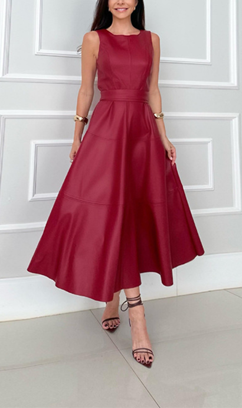 Sleeveless Fitted Leather Belted Solid Color Midi Dress(BUY 2 FREE SHIPPING)