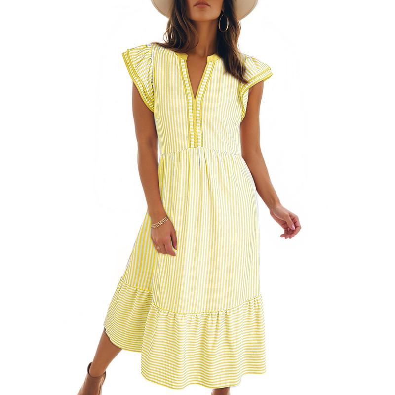 Womens Dresses 2026 Summer V-Neck Ruffle Cap Sleeve Empire Waist Flowy Striped Beach Midi Maxi Dress(buy 2 free shipping)