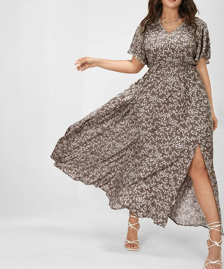 FLUTTER SLEEVE DITSY FLORAL SPLIT MAXI DRESS