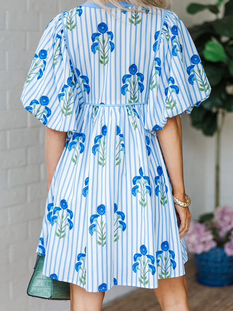 Women's Blue Floral Stripe Puff Sleeve Mini Dress