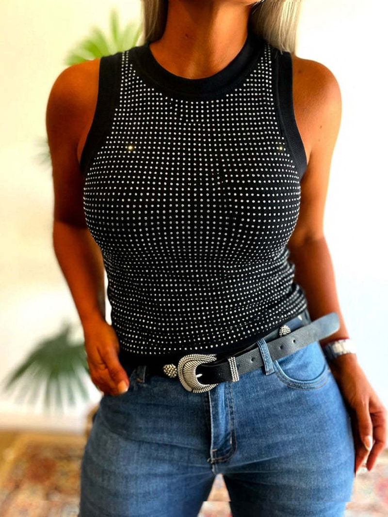 Round neck solid color rhinestone vest(BUY 2 FREE SHIPPING)