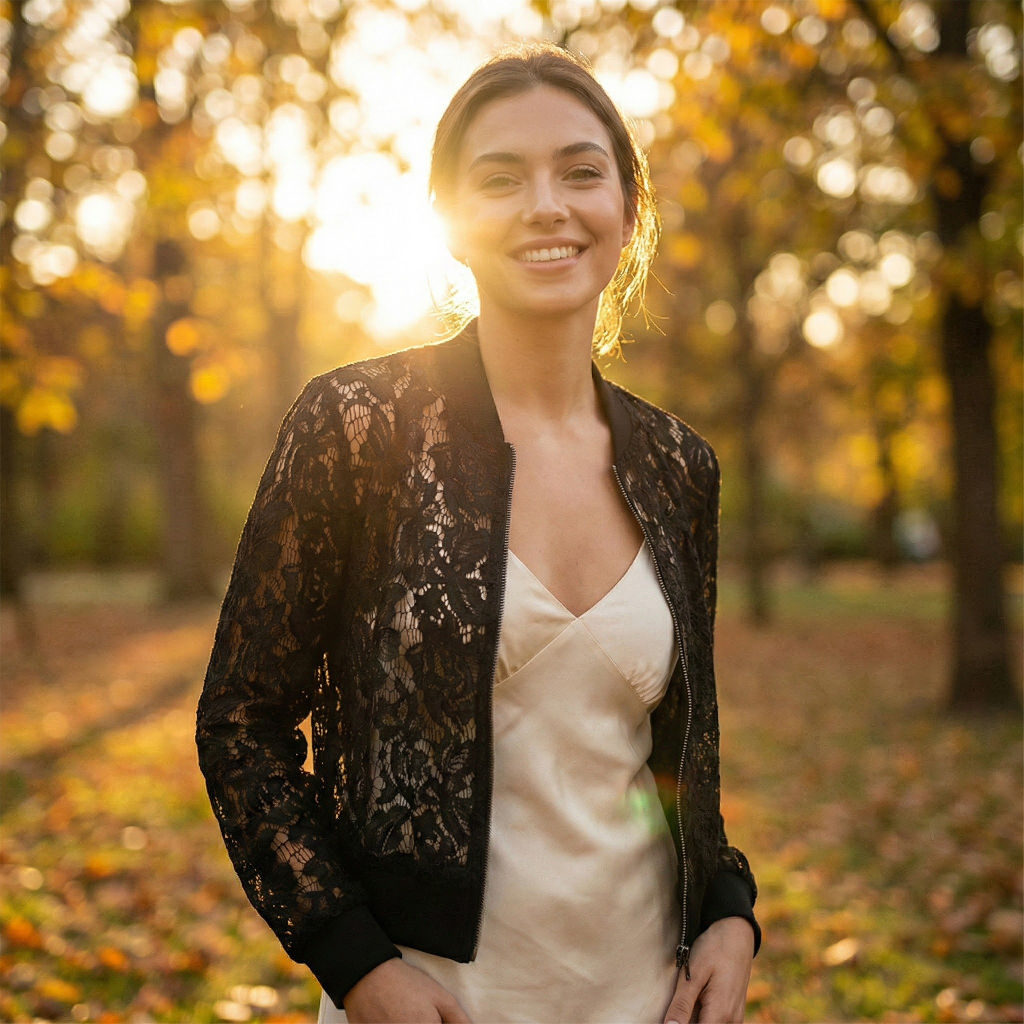 Elegant women's jacquard lace see-through zip-up short jacket