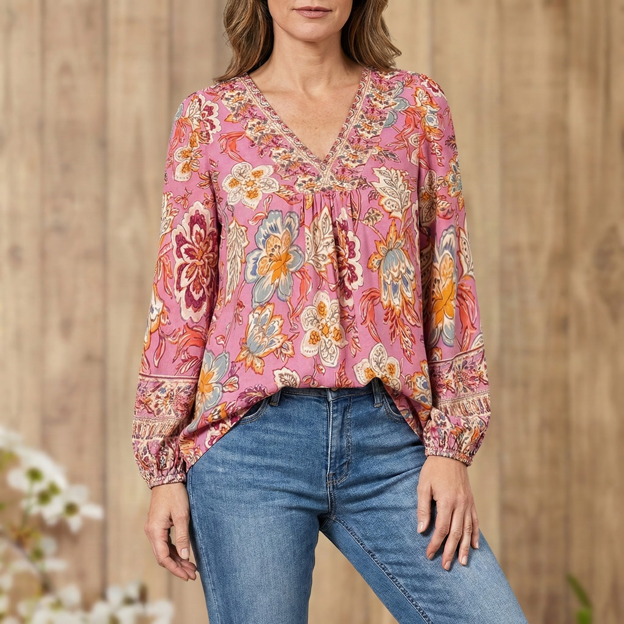 Women's floral print V-neck long puff-sleeved shirt（buy 2 free shipping）