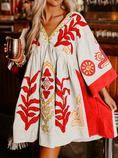 Women's Boho Embroidered V-Neck Mini Dress(BUY 2 FREE SHIPPING)