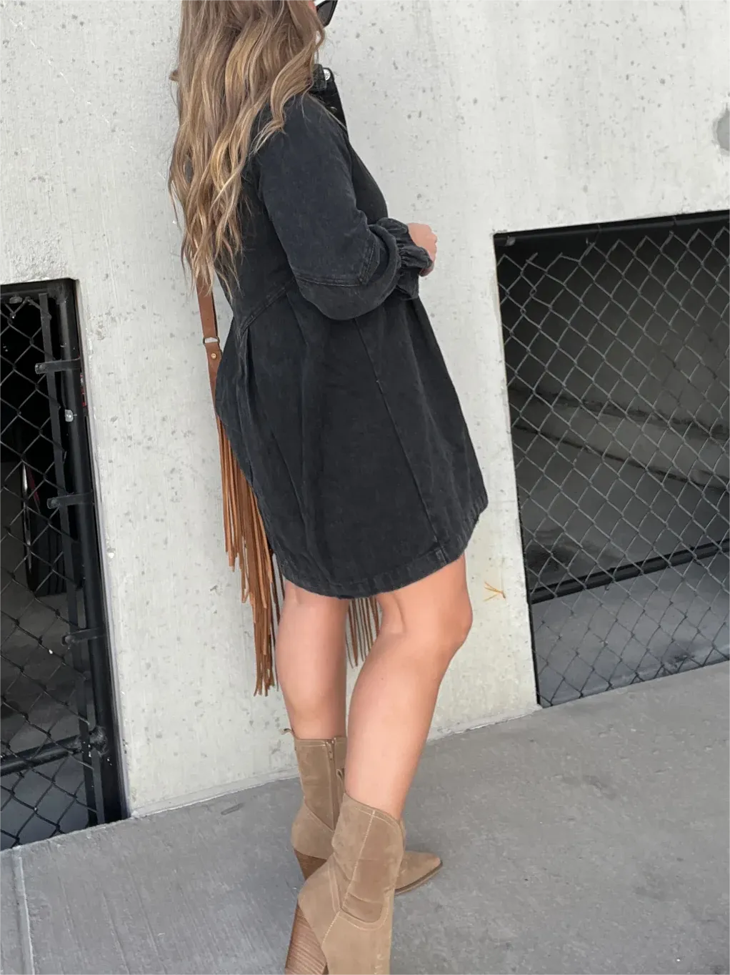 WASHED DENIM PUFF SLEEVE DRESS