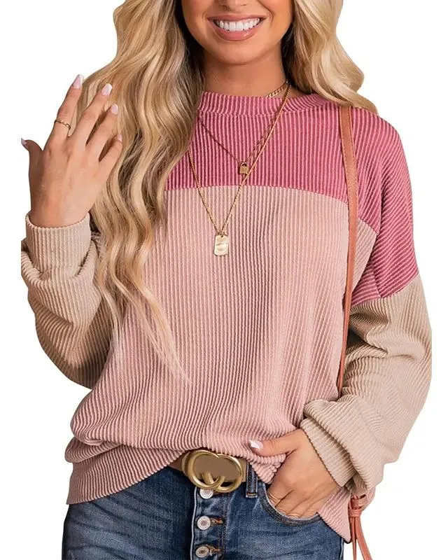 🔥🔥🔥🔥Women's Crewneck Color Block Ribbed Tops