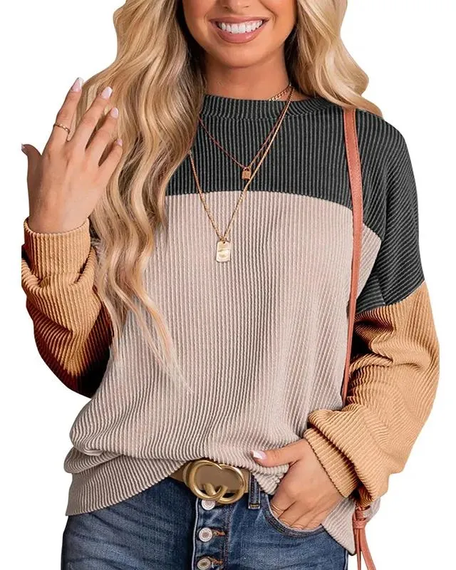 🔥🔥🔥🔥Women's Crewneck Color Block Ribbed Tops