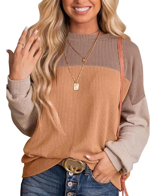 🔥🔥🔥🔥Women's Crewneck Color Block Ribbed Tops