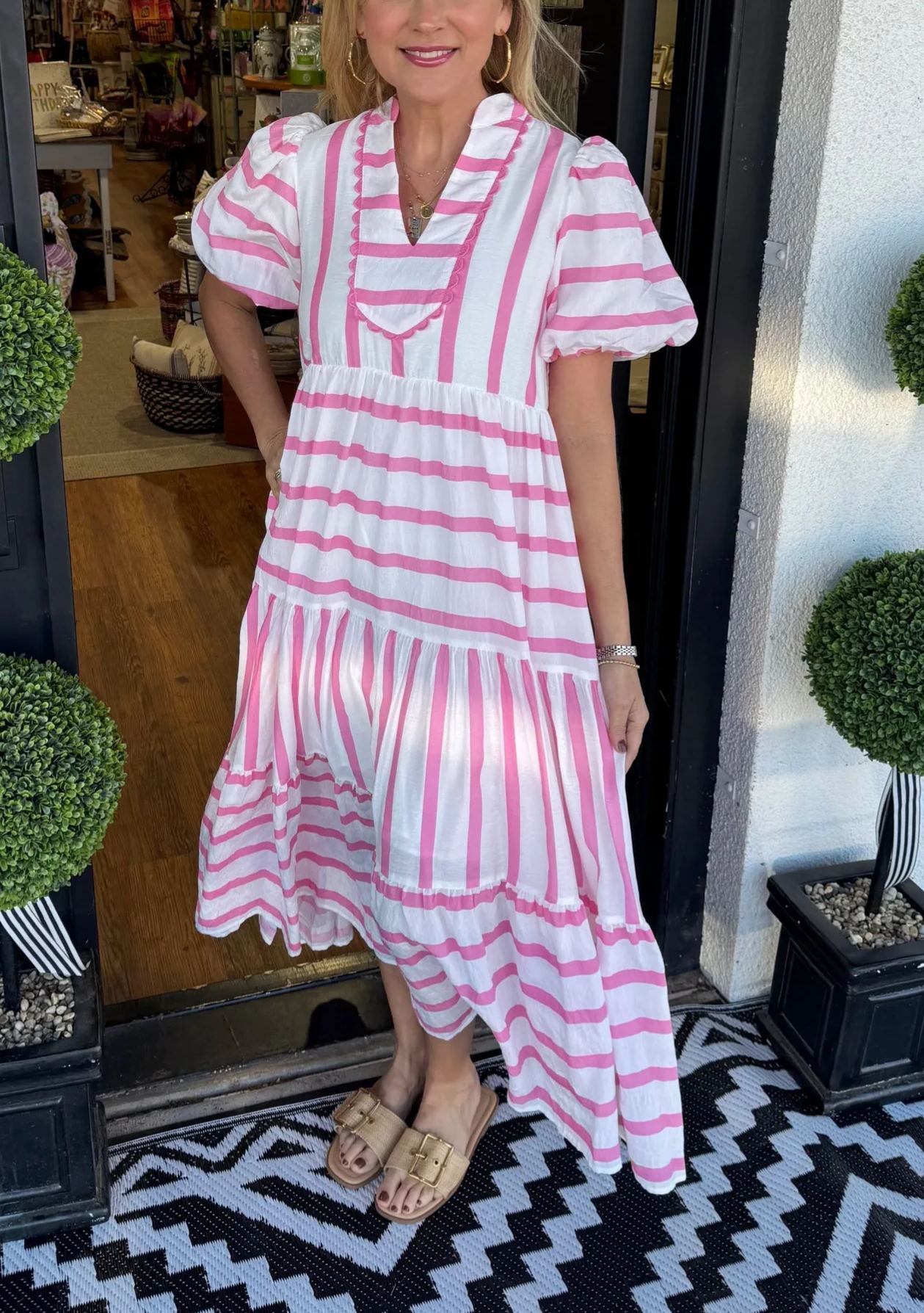 Women's Striped V-neck Dress with Puffy Sleeves（Buy 2 Free Shipping)